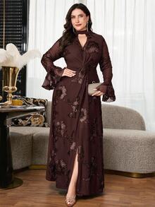 Reflora Plus Size Women's Jacquard Keyhole Neck Flared Sleeve Elegant Dress New Year Party Formal Dinner Black Fall - Brown - View 1