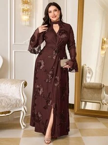 Reflora Plus Size Women's Jacquard Keyhole Neck Flared Sleeve Elegant Dress New Year Party Formal Dinner Black Fall - Brown - View 3