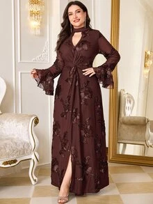 Reflora Plus Size Women's Jacquard Keyhole Neck Flared Sleeve Elegant Dress New Year Party Formal Dinner Black Fall - Brown - View 6