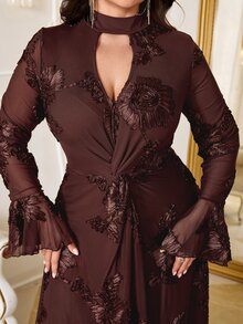 Reflora Plus Size Women's Jacquard Keyhole Neck Flared Sleeve Elegant Dress New Year Party Formal Dinner Black Fall - Brown - View 4