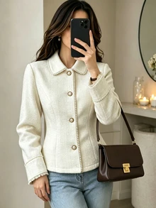 Yalmera Women's Elegant Faux Pearl Trim Tweed Overcoat For Birthday, Celebration And Graduation Ceremony - Apricot - View 5