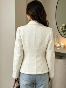 Yalmera Women's Elegant Faux Pearl Trim Tweed Overcoat For Birthday, Celebration And Graduation Ceremony - Apricot - View 2