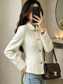 Yalmera Women's Elegant Faux Pearl Trim Tweed Overcoat For Birthday, Celebration And Graduation Ceremony - Apricot - View 8