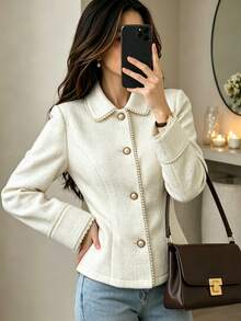 Yalmera Women's Elegant Faux Pearl Trim Tweed Overcoat For Birthday, Celebration And Graduation Ceremony - Apricot - View 6