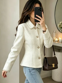 Yalmera Women's Elegant Faux Pearl Trim Tweed Overcoat For Birthday, Celebration And Graduation Ceremony - Apricot - View 3