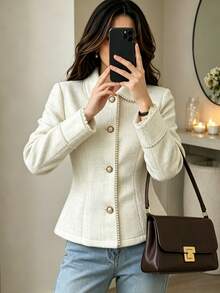 Yalmera Women's Elegant Faux Pearl Trim Tweed Overcoat For Birthday, Celebration And Graduation Ceremony - Apricot - View 7