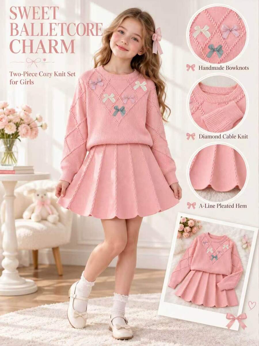 SHEIN Tween Girl 2 Pieces Knit Set, Cute 3D Bow Sweater With Pleated Skirt, Adorable & Elegant, Winter - Pink - View 1