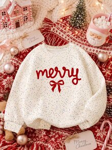 奶油白彩色薄紗波點，可愛甜美復古女孩手寫「Merry」字母圖案，女童休閒舒適柔軟抓絨內裡寬鬆長袖圓領衛衣，新風格適合秋冬日常穿著，甜美聖誕、聖誕節、假期禮物、度假、慵懶放鬆感、舒適氛圍、姐妹裝、家庭裝 - 彩色 - 查看 2