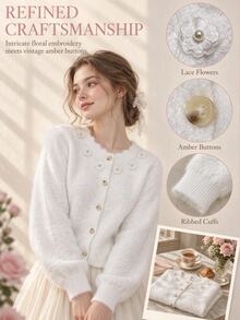 SHEIN 女童柔軟仿毛衣外套，單排扣設計，領口3D花朵裝飾，可愛親子套裝，秋季正式款，白色 - 白色 - 查看 5