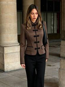 Yalmera Women's Autumn Striped Long Sleeve Chinese Style Jacket With Frog Button Design - Multicolor - View 7