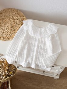 SHEIN Genkimix Kids Cute Young Girl Ruffle Collar Texture Fabric Round Neck Long Sleeved T-Shirt Suitable For Fall 3rd Birthday White Fairy Cowgirl - White - View 9