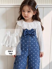 SHEIN Genkimix Kids Cute Young Girl Ruffle Collar Texture Fabric Round Neck Long Sleeved T-Shirt Suitable For Fall 3rd Birthday White Fairy Cowgirl - White - View 2