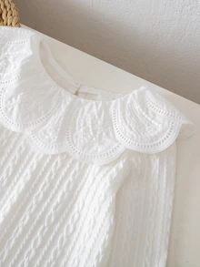 SHEIN Genkimix Kids Cute Young Girl Ruffle Collar Texture Fabric Round Neck Long Sleeved T-Shirt Suitable For Fall 3rd Birthday White Fairy Cowgirl - White - View 10