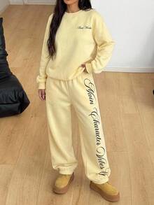 SHEIN KIDS Teen Girls Pale Yellow Casual Script Letter Print Fleece Lined Crew Neck Oversized Sweatshirt And Pocket Sweatpants 2Pcs Set Cozy Fall Winter - Yellow - View 9