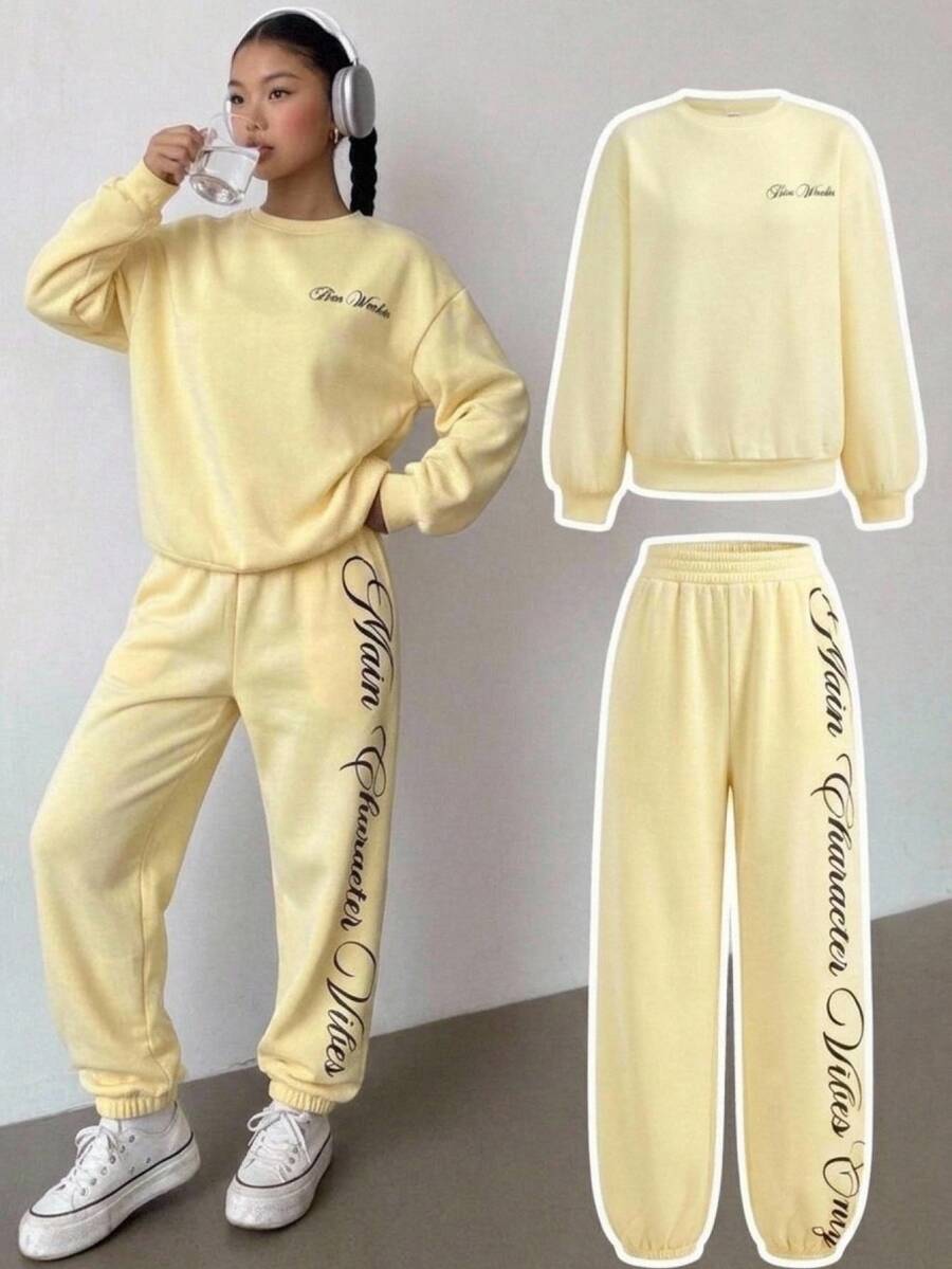 SHEIN KIDS Teen Girls Pale Yellow Casual Script Letter Print Fleece Lined Crew Neck Oversized Sweatshirt And Pocket Sweatpants 2Pcs Set Cozy Fall Winter - Yellow - View 1