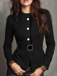 Yalmera Women's Elegant Stand Collar Pearl Button Tie Waist Short Jacket, Autumn/Winter, Suitable For Party, Commute And Date - Black - View 5