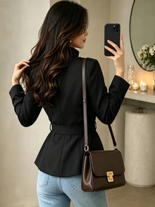 Yalmera Women's Elegant Stand Collar Pearl Button Tie Waist Short Jacket, Autumn/Winter, Suitable For Party, Commute And Date - Black - View 2
