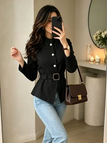 Yalmera Women's Elegant Stand Collar Pearl Button Tie Waist Short Jacket, Autumn/Winter, Suitable For Party, Commute And Date - Black - View 3