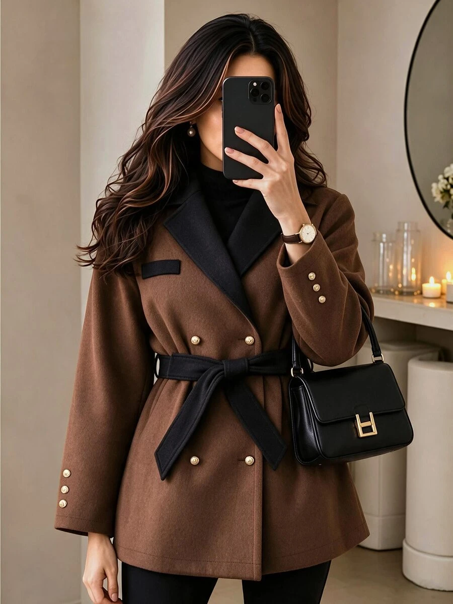 Yalmera Women's Decorative Casual Versatile Everyday Long-Sleeved Jacket - Chocolate Brown - View 1