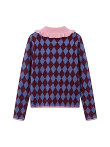 Nöista Diamond Pattern Knit Cardigan With Zip Front, Ruffled Collar And Contrast Patch Pockets. A Playful Feminine Piece With Charming Autumn Appeal. - Burgundy - View 7