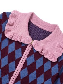 Nöista Diamond Pattern Knit Cardigan With Zip Front, Ruffled Collar And Contrast Patch Pockets. A Playful Feminine Piece With Charming Autumn Appeal. - Burgundy - View 9