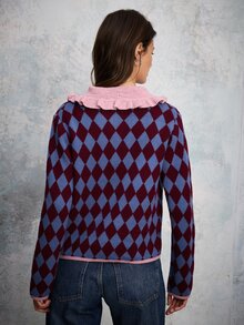 Nöista Diamond Pattern Knit Cardigan With Zip Front, Ruffled Collar And Contrast Patch Pockets. A Playful Feminine Piece With Charming Autumn Appeal. - Burgundy - View 5