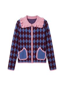 Nöista Diamond Pattern Knit Cardigan With Zip Front, Ruffled Collar And Contrast Patch Pockets. A Playful Feminine Piece With Charming Autumn Appeal. - Burgundy - View 6
