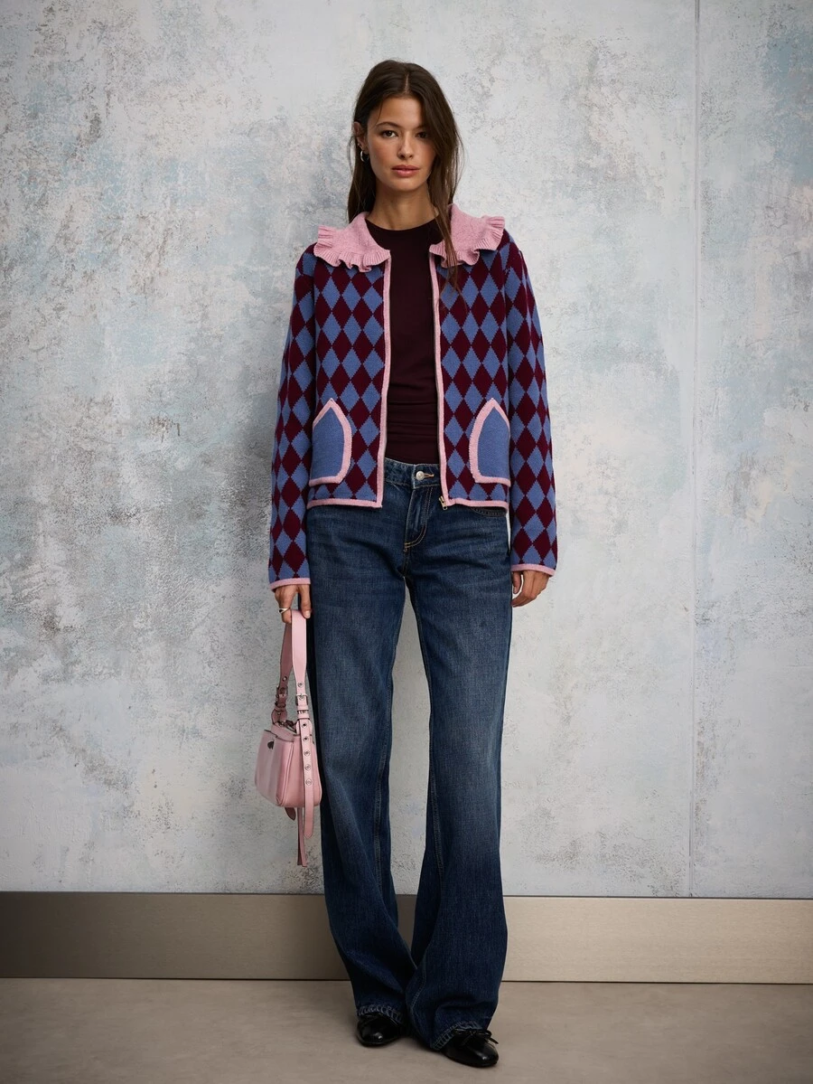 Nöista Diamond Pattern Knit Cardigan With Zip Front, Ruffled Collar And Contrast Patch Pockets. A Playful Feminine Piece With Charming Autumn Appeal. - Burgundy - View 1