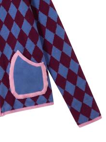 Nöista Diamond Pattern Knit Cardigan With Zip Front, Ruffled Collar And Contrast Patch Pockets. A Playful Feminine Piece With Charming Autumn Appeal. - Burgundy - View 8