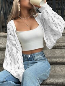 Cévolie Batwing Sleeve Hollow Out Lightweight Knit Cardigan - White - View 6