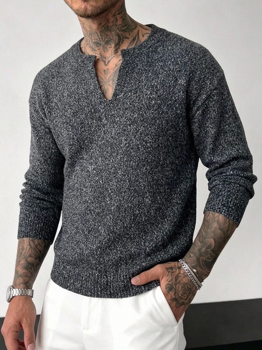 Manfinity CasualKnits كنزة رجالية طويلة الأكمام متعددة الاستخدامات للارتداء اليومي، بأسلوب الثراء القديم - رمادي غامق - مشاهدة 1