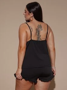 SHEIN BAE CURVE 大码纯色蕾丝拼布吊带背心睡衣套装 - 黑色 - 查看 2