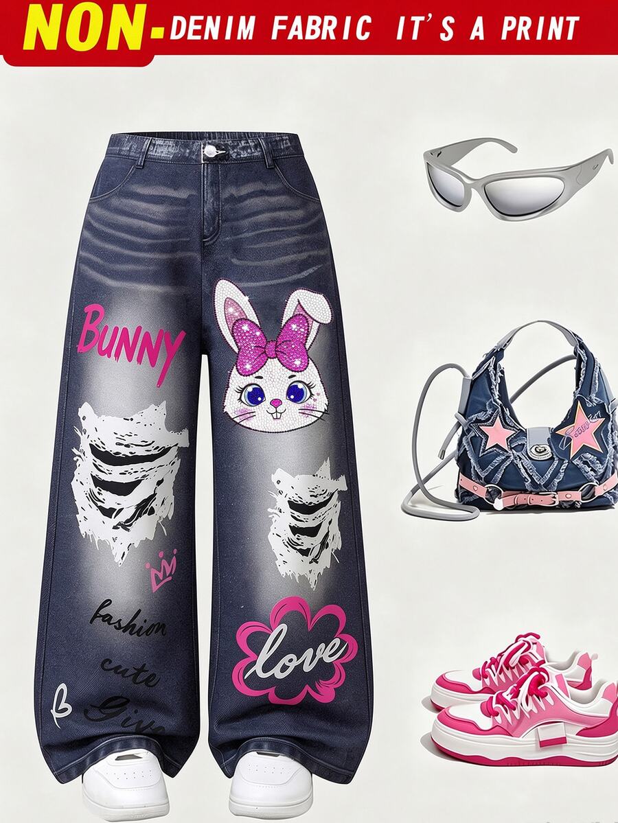 SHEIN 4-7 Years Old Girls Denim Effect Long Pants, Rabbit, Butterfly, Letter Print Design, Street Style Spring/Autumn - Multicolor - View 1