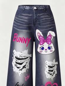 SHEIN 4-7 Years Old Girls Denim Effect Long Pants, Rabbit, Butterfly, Letter Print Design, Street Style Spring/Autumn - Multicolor - View 6