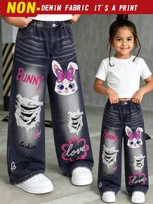 SHEIN 4-7 Years Old Girls Denim Effect Long Pants, Rabbit, Butterfly, Letter Print Design, Street Style Spring/Autumn - Multicolor - View 3