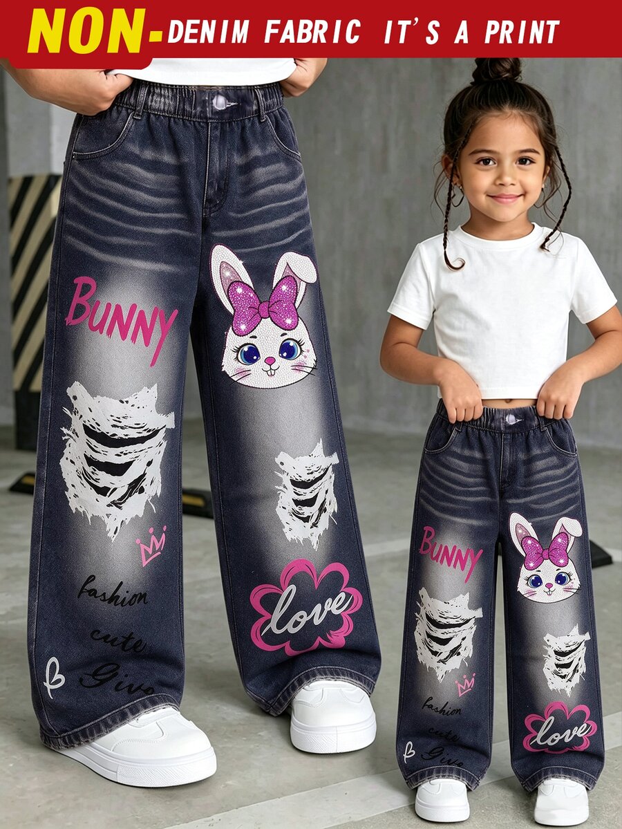 SHEIN Quần dài bé gái 4-7 tuổi hiệu ứng denim, họa tiết thỏ, bướm và chữ, phong cách đường phố, xuân/thu - Nhiều màu - Xem 1