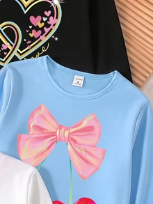 Tween Girls 5 Pcs Heart Bowknot Flower Print Long Sleeve Crew Neck Tee, Winter Tops - Multicolor - View 4