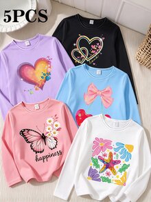 Tween Girls 5 Pcs Heart Bowknot Flower Print Long Sleeve Crew Neck Tee, Winter Tops - Multicolor - View 3