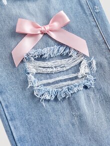 SHEIN Girls Pink Bow Blue Tween Girl Denim Distressed Loose Long Pants - Blue - View 6