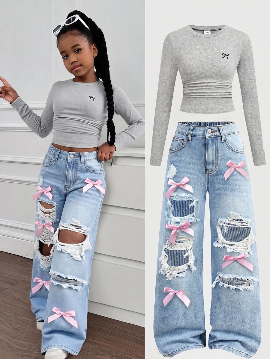SHEIN Girls Pink Bow Blue Tween Girl Kids Denim Distressed Loose Long Pants - Blue - View 1