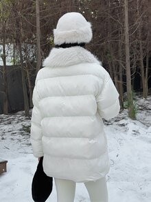 SHEIN EZwear White Woven Zipper Front Fur Collar Casual Elegant Winter Jacket Everyday Travel - Apricot - View 2