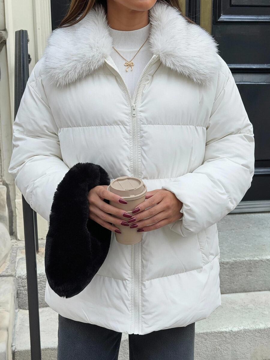 SHEIN EZwear White Woven Zipper Front Fur Collar Casual Elegant Winter Jacket Everyday Travel - Apricot - View 1