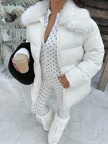 SHEIN EZwear White Woven Zipper Front Fur Collar Casual Elegant Winter Jacket Everyday Travel - Apricot - View 10