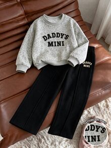 女嬰 2 件套，豹紋字母圓領上衣與寬腿褲，適合秋冬冬季聖誕節 - 彩色 - 查看 4