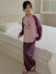 Dazy Kids Tween Girl Fall Clothes Girls (Large) Round Neck Knitted Printed Short Sleeve T-Shirt + Long Pants Loungewear Spring/Summer - Red Violet - View 3