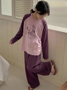 Dazy Kids Tween Girl Fall Clothes Girls (Large) Round Neck Knitted Printed Short Sleeve T-Shirt + Long Pants Loungewear Spring/Summer - Red Violet - View 1