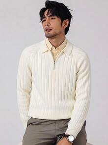 Manfinity CasualKnits Model terbaru Musim Gugur/Dingin, Sweater lengan panjang bertekstur garis-garis warna polos dengan resleting setengah terbuka. Cocok untuk jalan-jalan, makan malam formal, pesta, dan berbagai acara lainnya. - MultiWarna - View 2