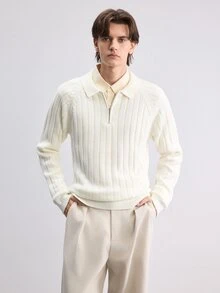 Manfinity CasualKnits Model terbaru Musim Gugur/Dingin, Sweater lengan panjang bertekstur garis-garis warna polos dengan resleting setengah terbuka. Cocok untuk jalan-jalan, makan malam formal, pesta, dan berbagai acara lainnya. - MultiWarna - View 3