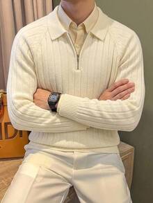 Manfinity CasualKnits Model terbaru Musim Gugur/Dingin, Sweater lengan panjang bertekstur garis-garis warna polos dengan resleting setengah terbuka. Cocok untuk jalan-jalan, makan malam formal, pesta, dan berbagai acara lainnya. - MultiWarna - View 1
