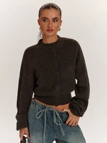 SHEIN BAE Autumn/Winter New Vintage Casual Basic Small Stand Collar Hidden Button Placket Design Fluffy Soft Fuzzy Drop Shoulder Loose Long Sleeve Women's Sweater - Chocolate Brown - View 7